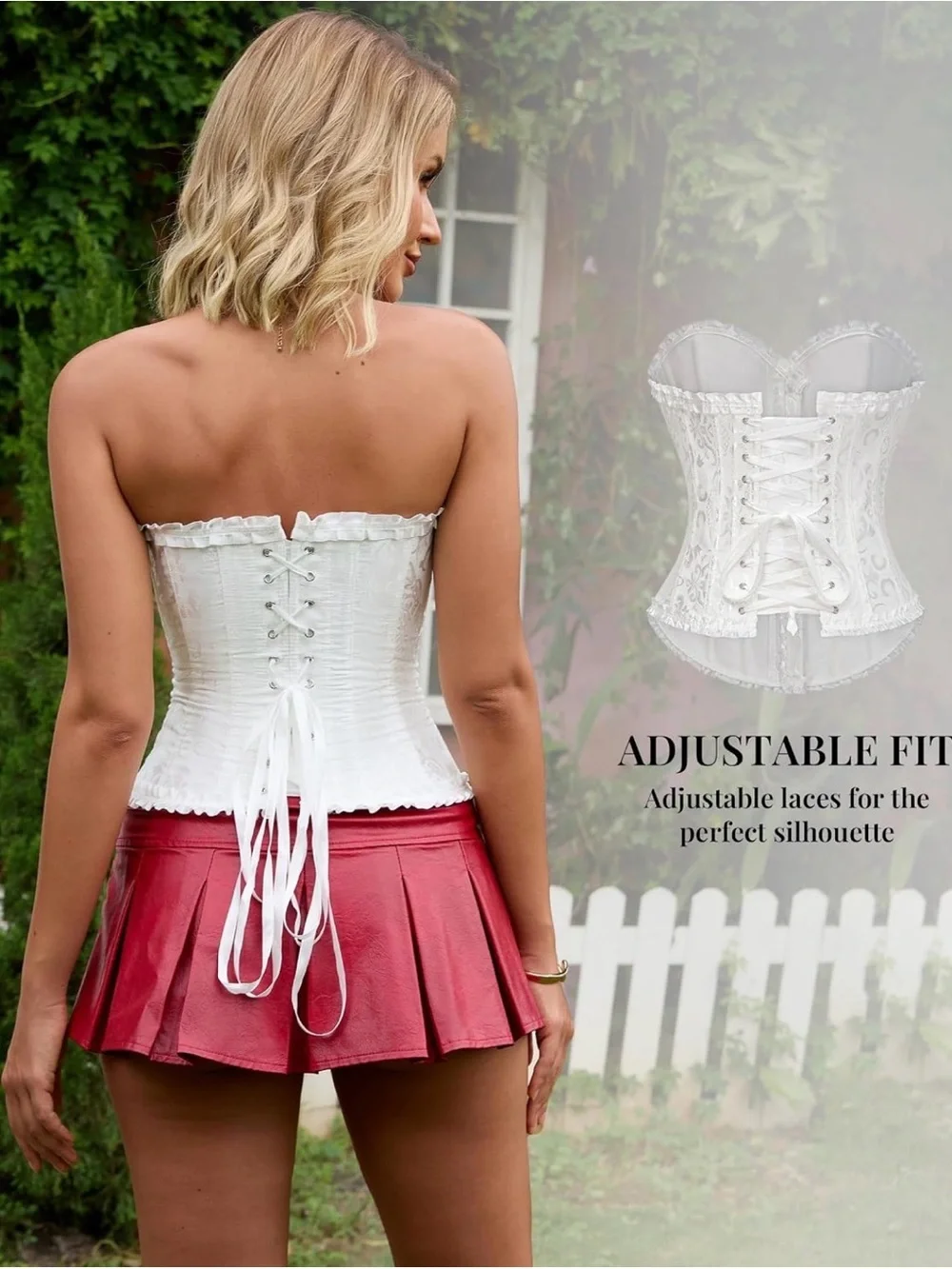 White Lace Strapless Corset Top with Front Busk Closure - Picture 3 of 4